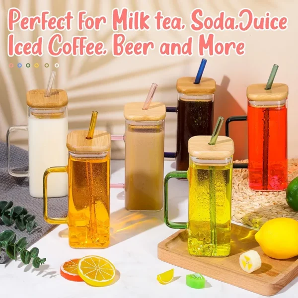 Sqaure Glass Mug with Bamboo Lid & Glass Straw With Gift Box