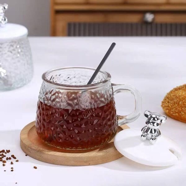Cute Bear Glass Mug 300ml with Lid and Spoon – Heat Resistant Diamond Glass for Water, Coffee, Tea
