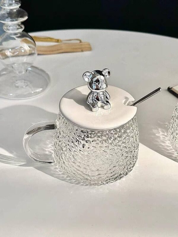 Cute Bear Glass Mug 300ml with Lid and Spoon – Heat Resistant Diamond Glass for Water, Coffee, Tea