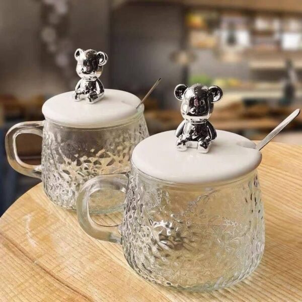Cute Bear Glass Mug 300ml with Lid and Spoon – Heat Resistant Diamond Glass for Water, Coffee, Tea