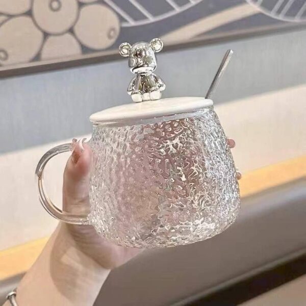 Cute Bear Glass Mug 300ml with Lid and Spoon – Heat Resistant Diamond Glass for Water, Coffee, Tea