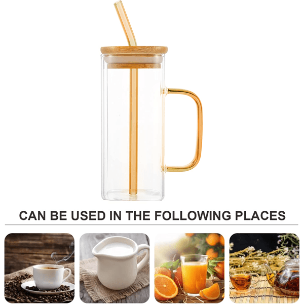 Sqaure Glass Mug with Bamboo Lid & Glass Straw With Gift Box