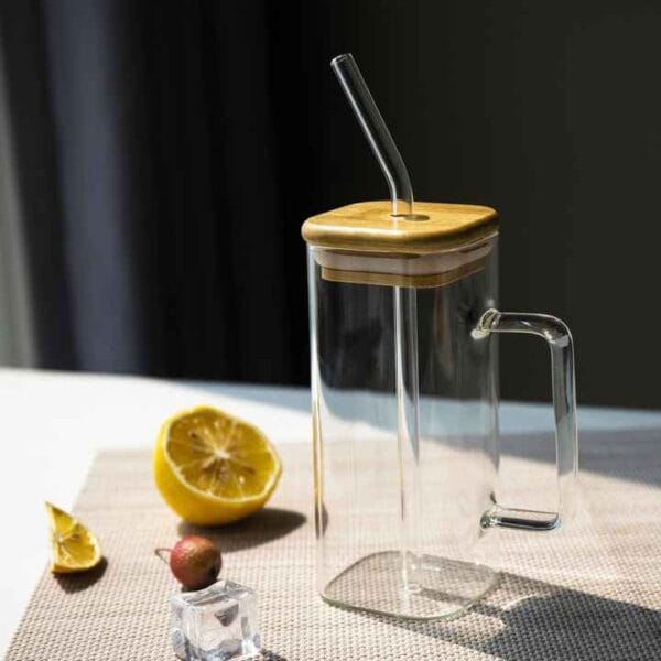 Sqaure Glass Mug with Bamboo Lid & Glass Straw With Gift Box